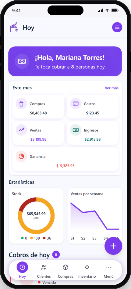 Panel "Hoy" de Abonia en celular con los cobros del día