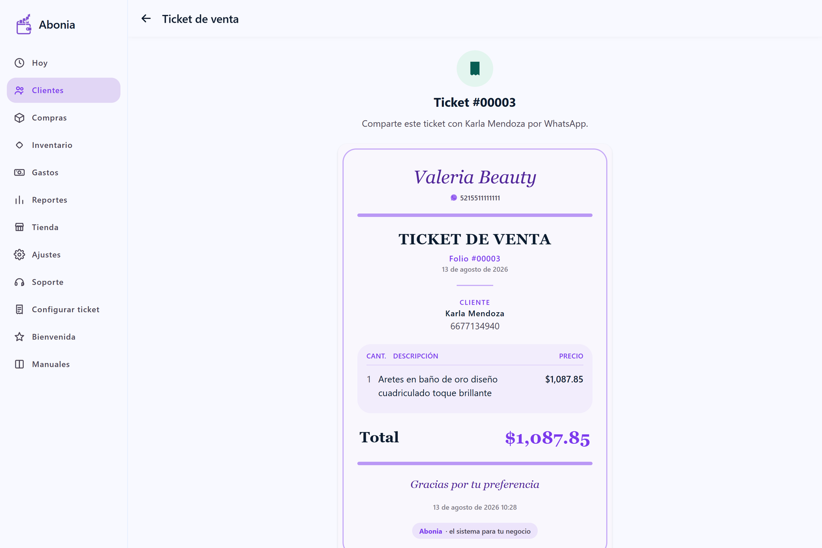 Ticket de venta real de Abonia listo para compartir por WhatsApp